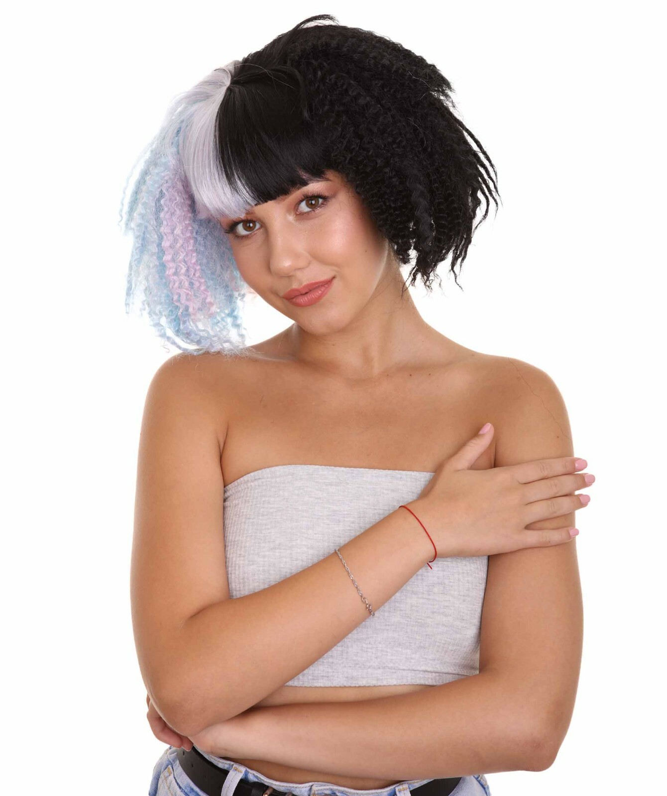 Adult Light Blue Black Ponytails Wig for Cosplay Melanie Crimped Party HW-1433A