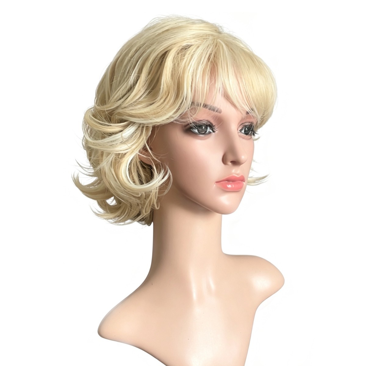 Highlight Blonde Brown Mix Wig Short Fluffy Wavy Bob Wig With Bangs Heat Resista