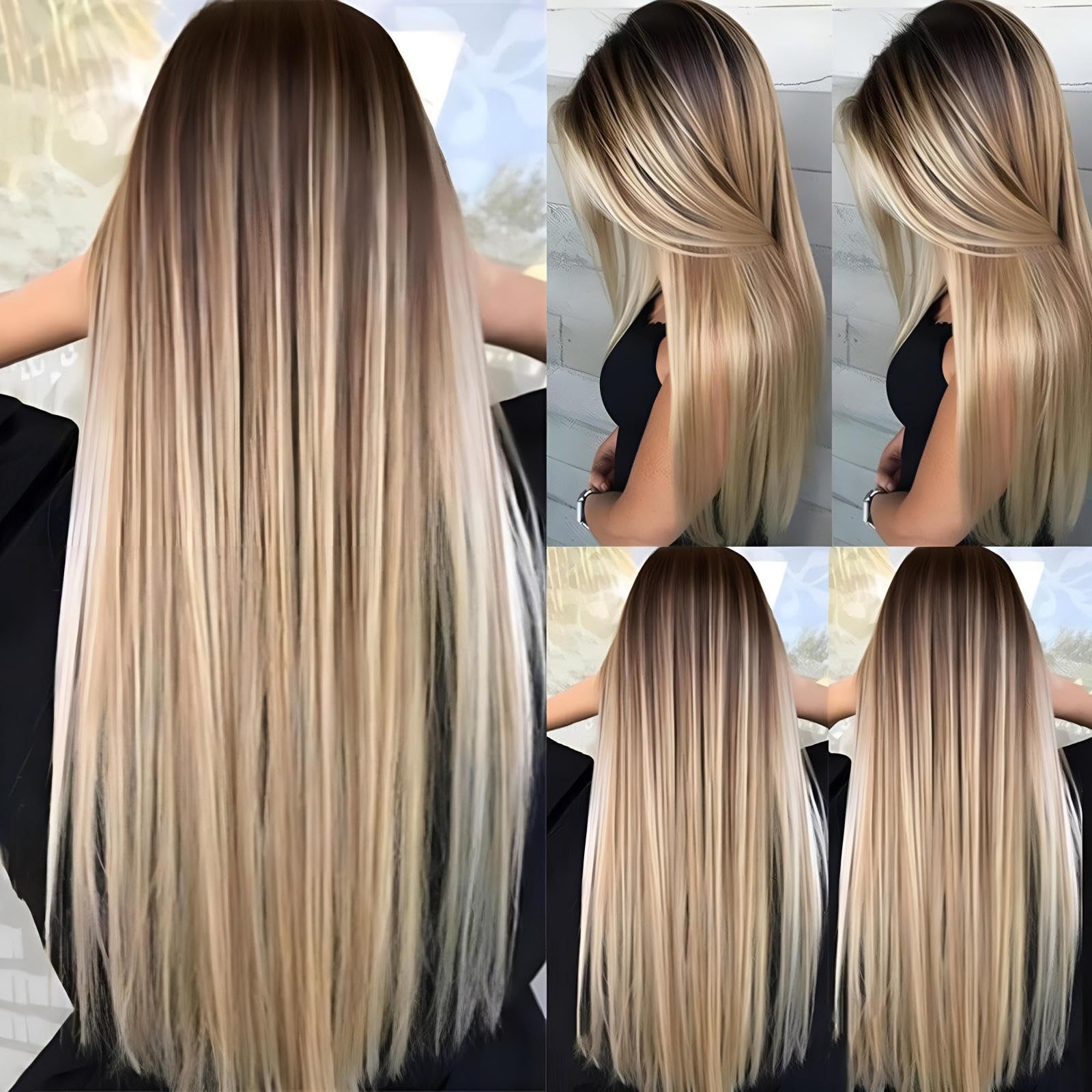 Long Ombre Brown Blonde Wig for White Black Women, Synthetic Straight Highlig…