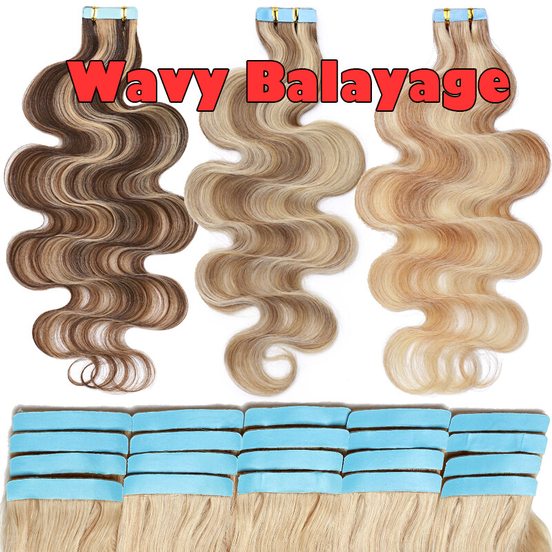 Skin Weft Remy Real Human Hair Extensions Tape In Full Head 200g WAVY Balayage