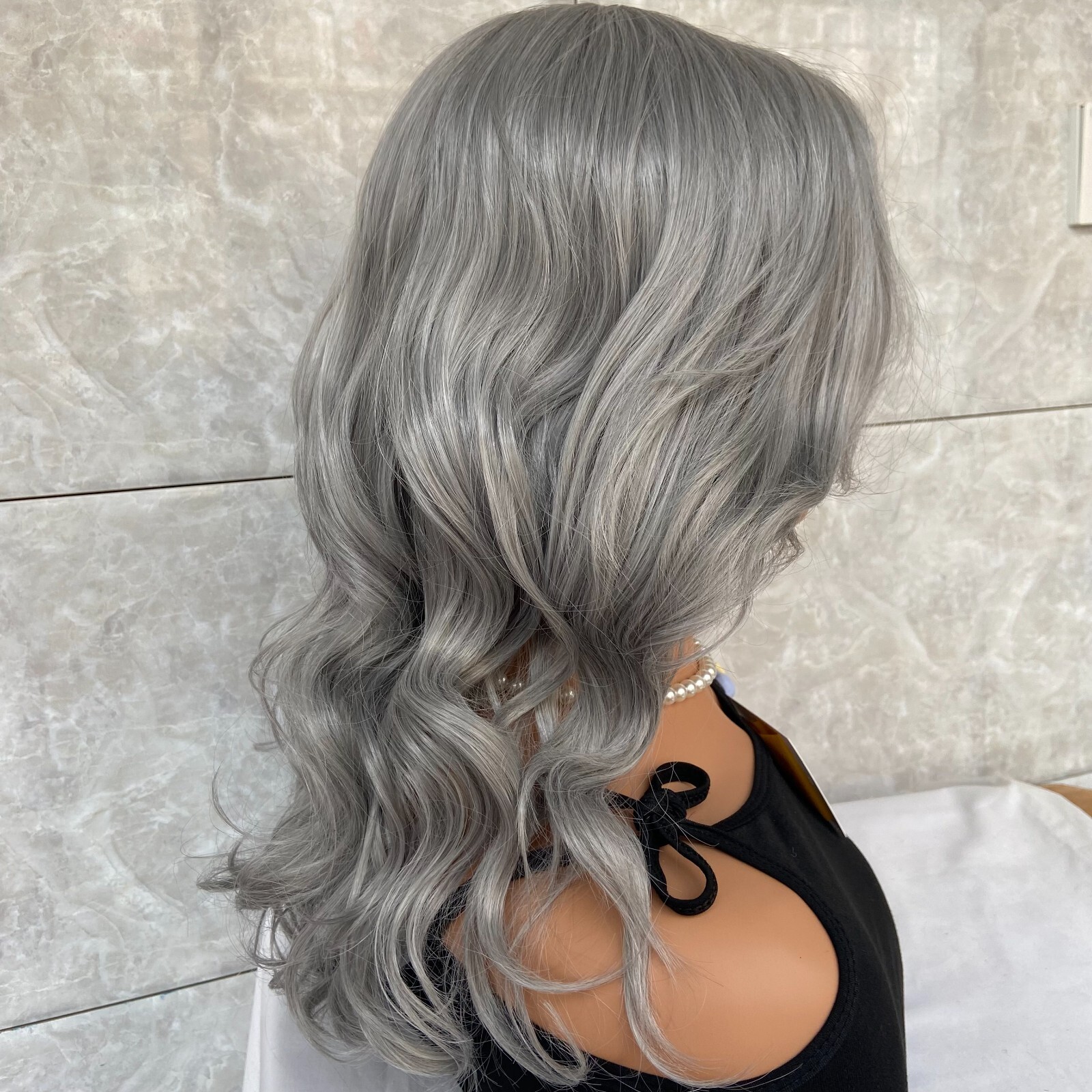 Long Wavy Soft Human Hair Blend Heat Ok Wigs Women Grandma Gray Natural