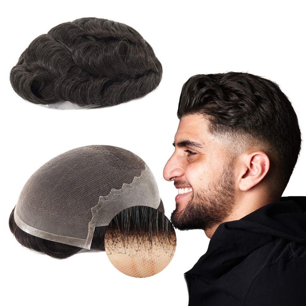 Toupee For Mens Human Hair Replecement System Lace Thin Skin Hairpiece Black 7×9