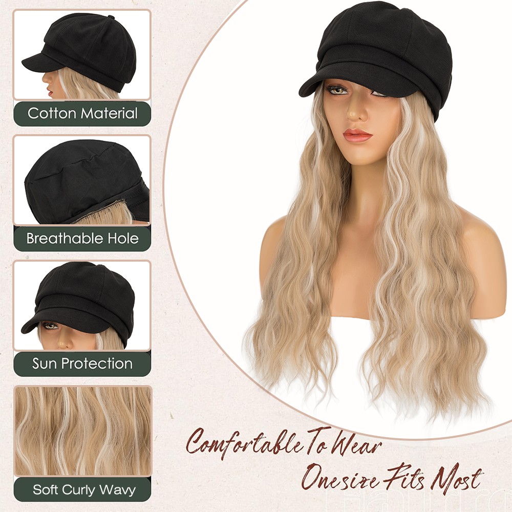 Bucket Hat Wig Black Newsboy Cap With Long Wavy Hairpiece 18″ Natural Hair Women