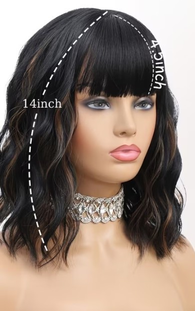 Wavy Bob Black Brown Highlight Wigs with Bangs for Women Short Bob Curly Wig