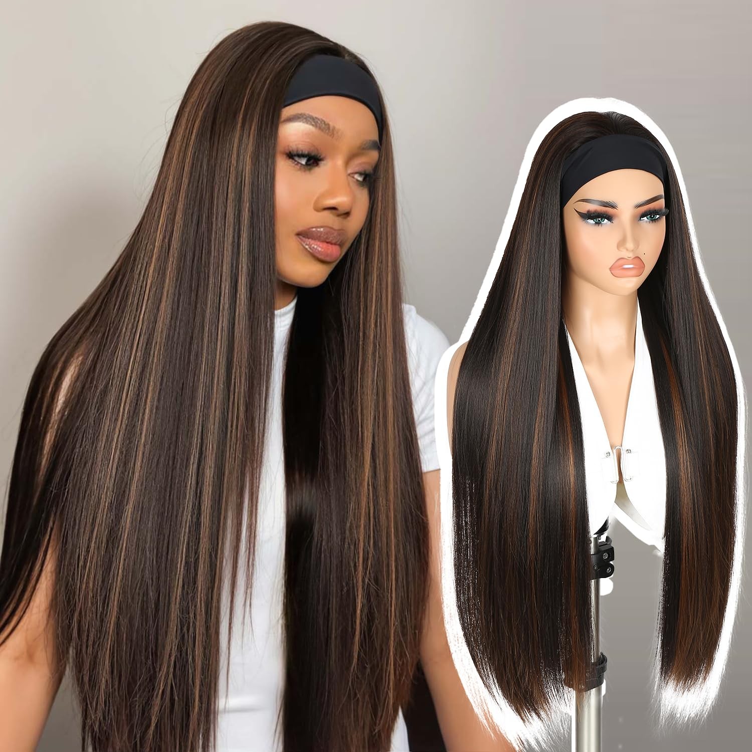Highlight Headband Wigs for Black Women 30 inch Mixed Brown Straight Half Wig…