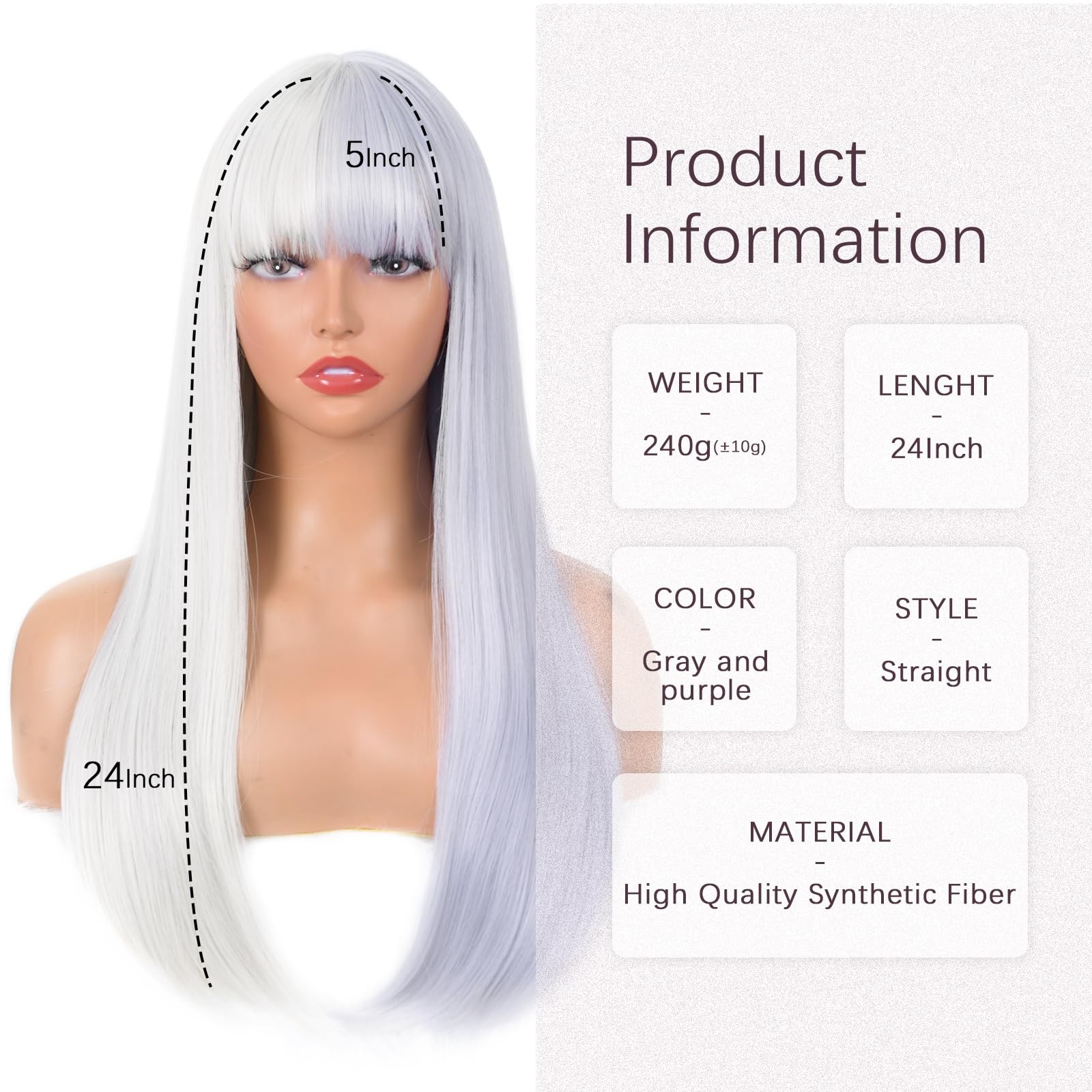 White and Purple Wig with Bangs for Women Long Straight Split Dye Wig Heat Re…