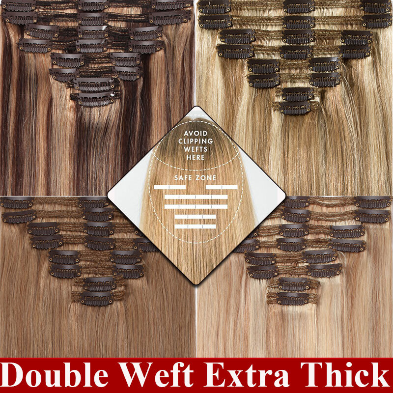 Double Weft Clip in 100 Real Remy Human Hair Extensions Full Head Balayage Ombre