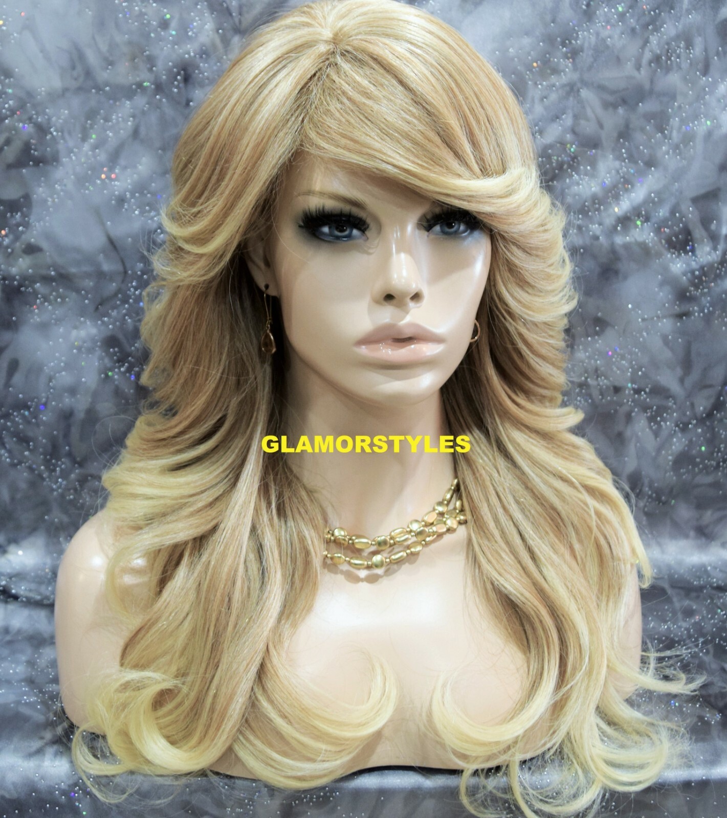FULL WIG LONG LAYERED WAVY SIDE PART MEDIUM BLONDE MIX HEAT OK #T27.613 NWT
