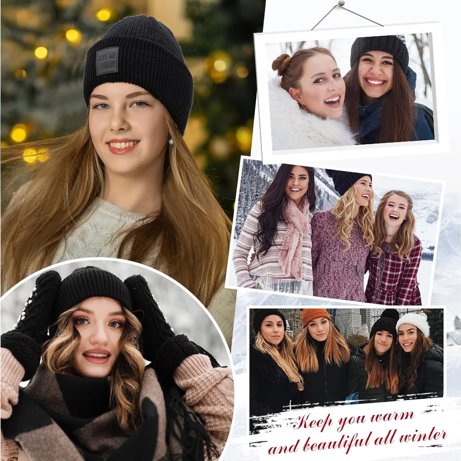 Winter Warm Knit Beanie Hat with Long Wavy Straight Synthetic Hair Wig for Woman