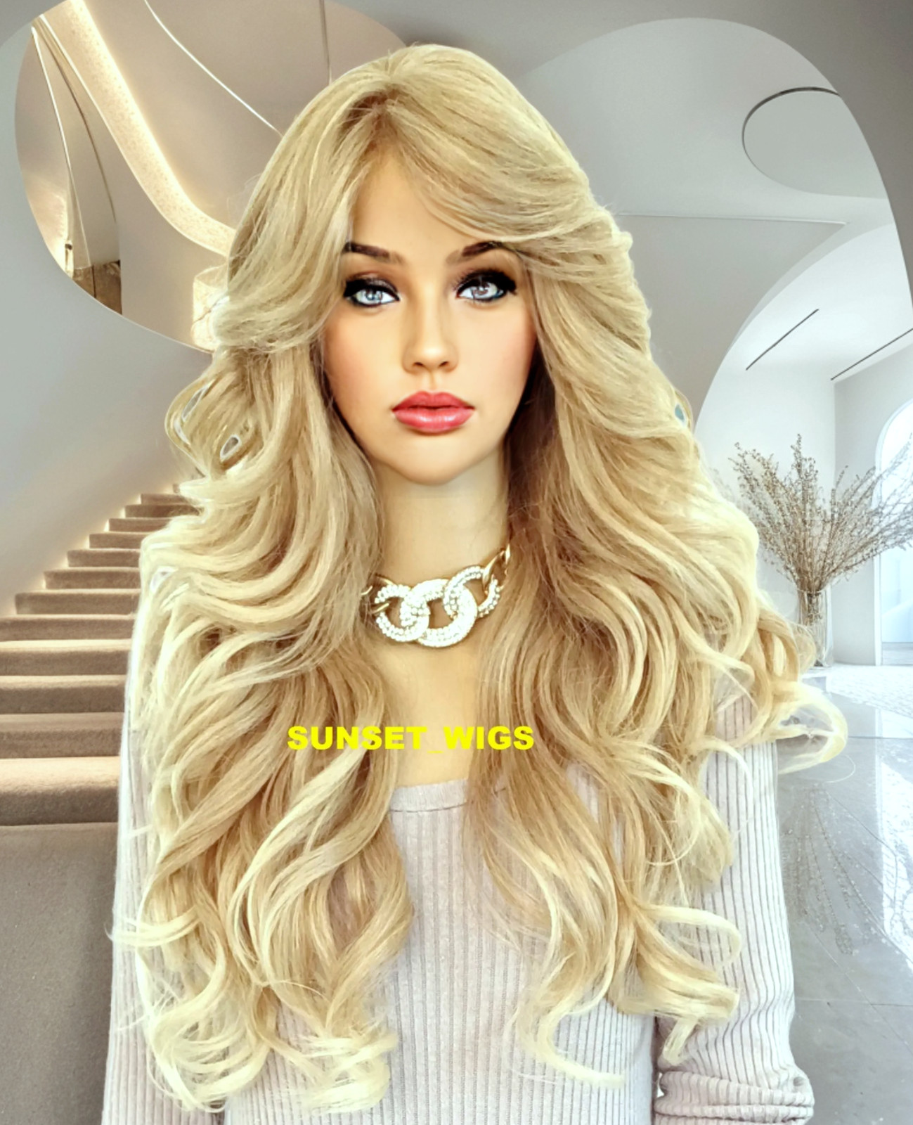 34″ FULL WIG LONG WAVY LAYERED SIDE SKIN PART MEDIUM BLONDE MIX HEAT OK