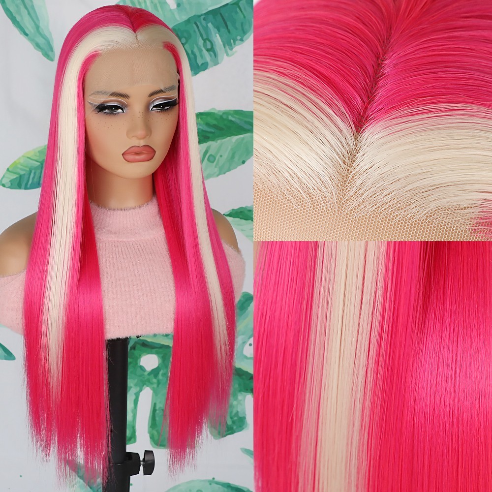 Glueless Skunk Stripe Hair 13×4 Free Part Long Straight Heat Resistant Synthetic