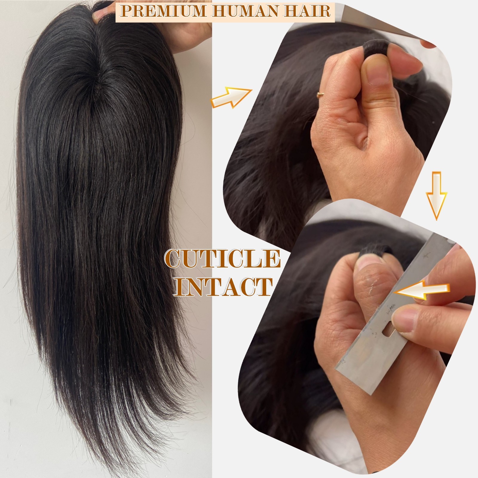100% HUMAN HAIR CUTICLE INTACT MONO TOPPER 5.5×6.5″ OFF BLACK 14″ LONG FREE PART