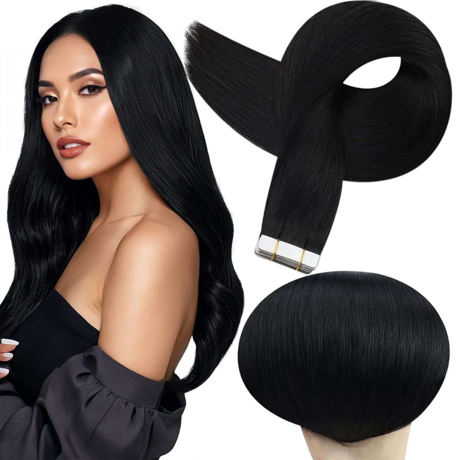 Luxury 18” Jet Black Tape-In Extensions – Easy, Natural, and Reusable Beauty