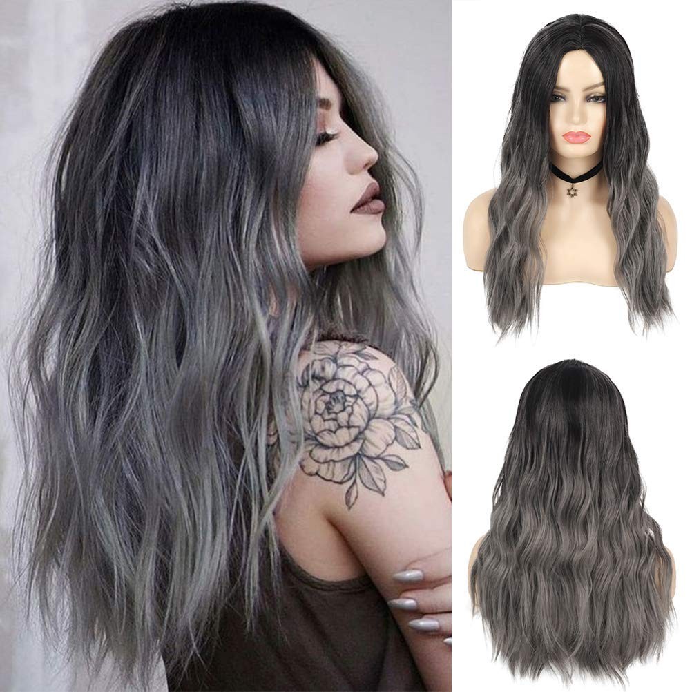 Womens Ombre Grey Wig Long Curly Wavy Black Grey Middle Part Synthetic Hallow…
