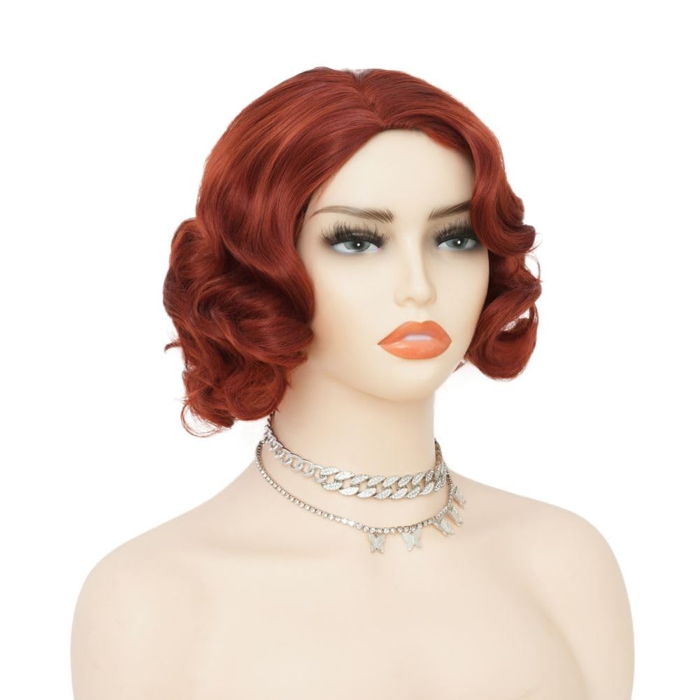 Short Red 1920s Style Synthetic Finger Wave Natural Looking Women’s Wig