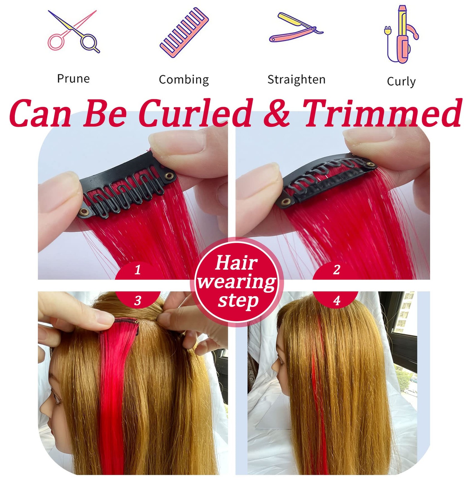 12 PCS Red and Blue Hair Extensions Clip in,Colored Party 21inch Highlights Stra