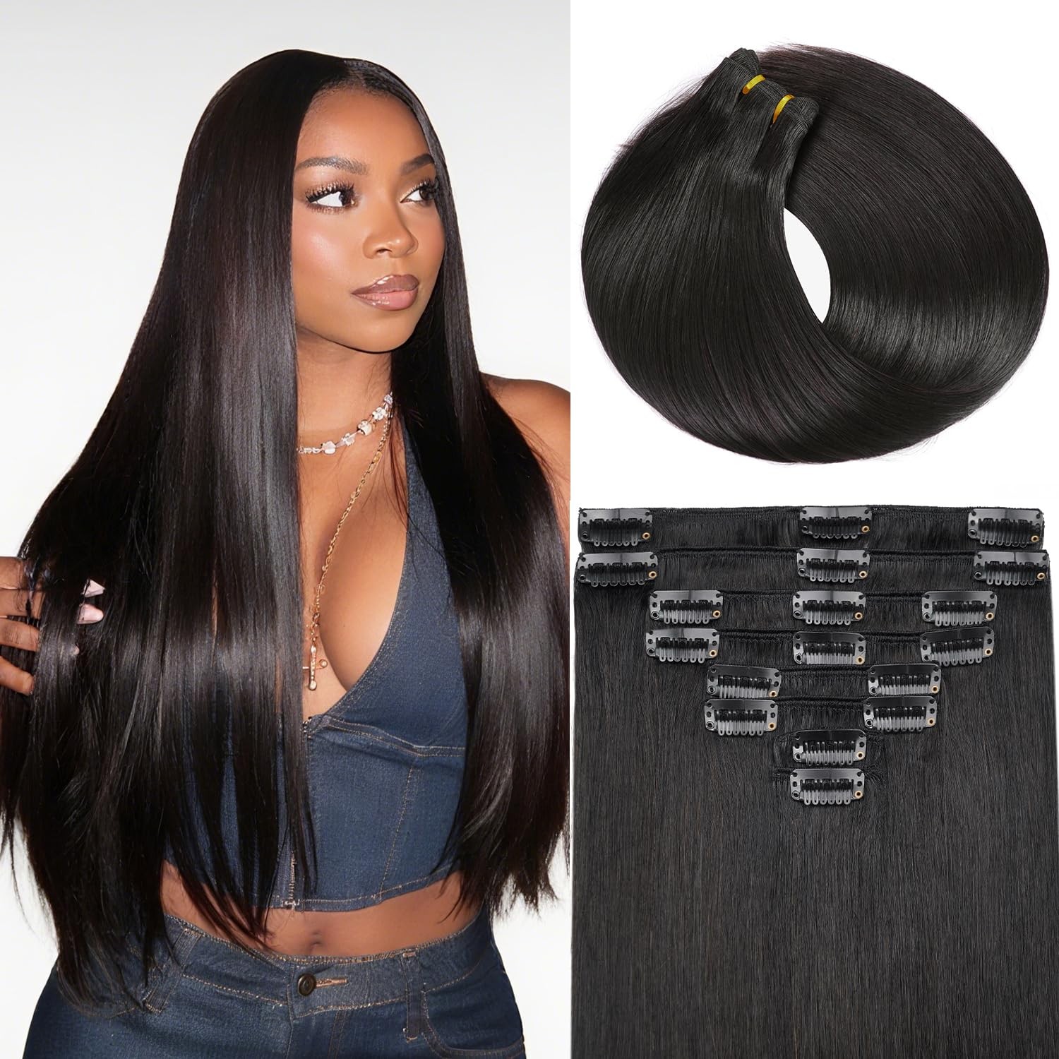 Clip in Hair Extensions Real Human Hair 22 Inch 110g, 1B Natural Black, Invis…