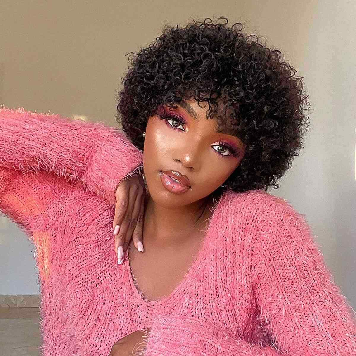 Human Hair Short Curly Wigs 6 Inch Natural Black Pixie Cut Afro Kinky Curly Wigs
