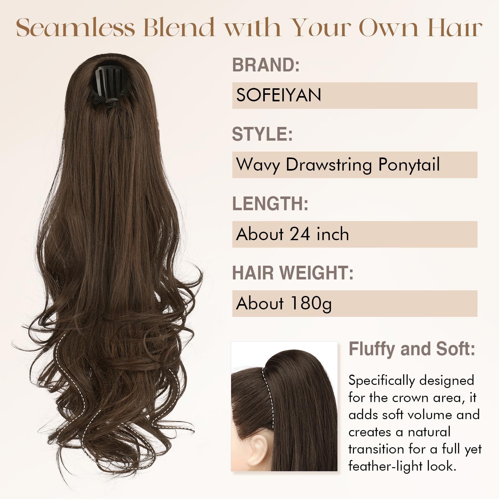 Drawstring Ponytail Extension for 24 Inch Comb Clip in Wavy Clip on Hairpiece…