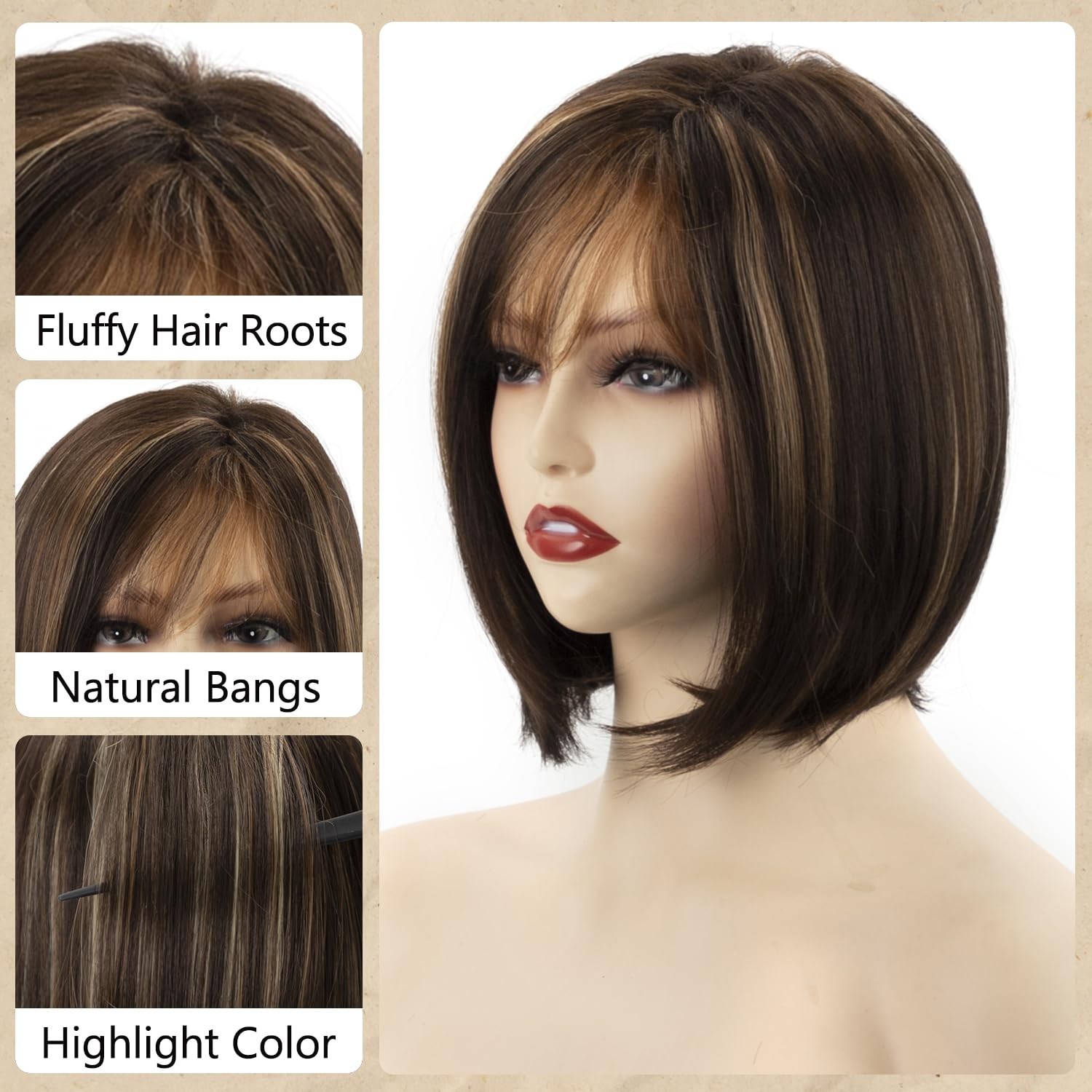 Brown Highlight Short Bob Wig with Bangs for Women Chin Length Layered
