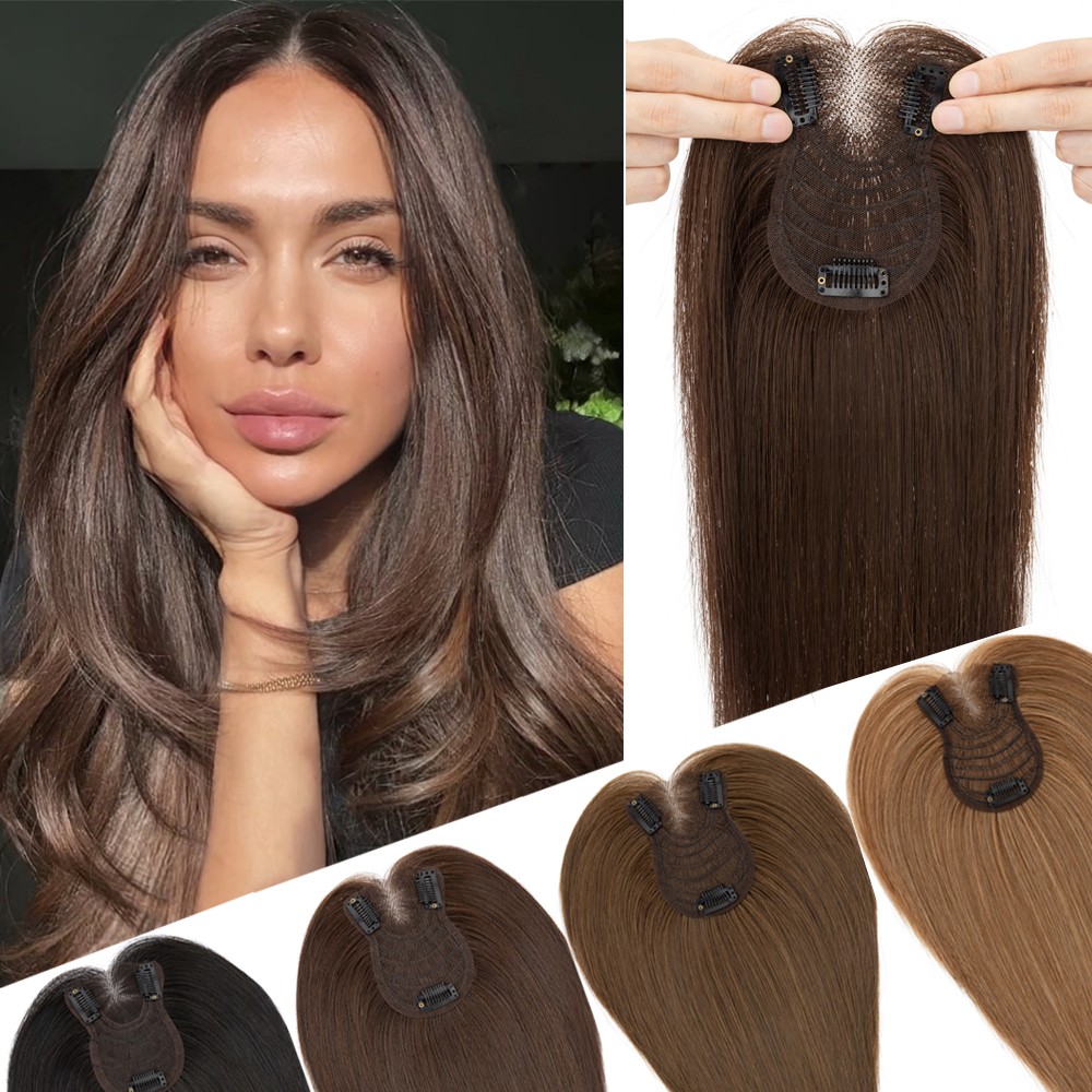 Clip in Human Hair Topper with Bangs Lace Base Hair Piece Extensions 10″-14″ US