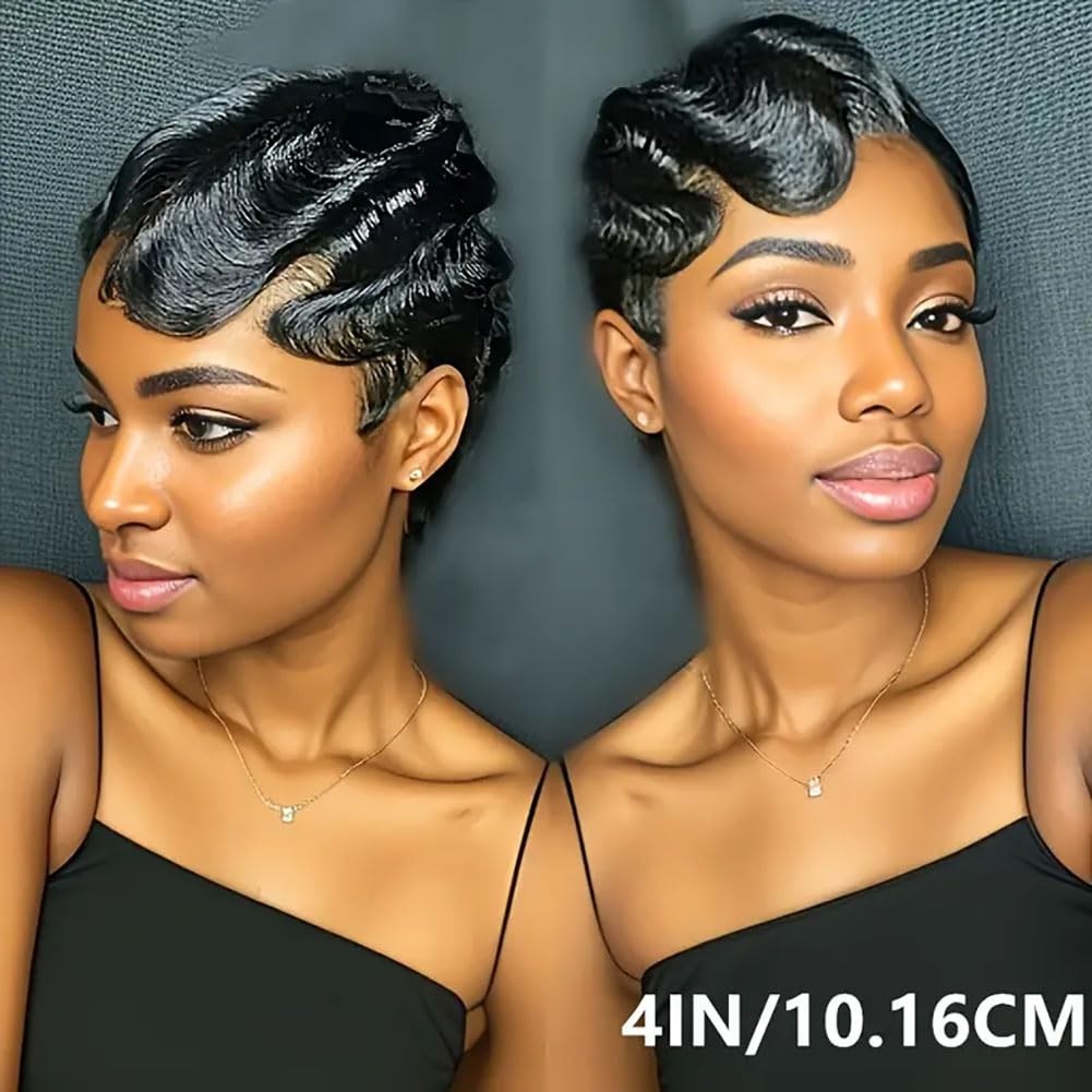 VRZ Short Wigs for Black Women Human Hair Ocean Finger Wave Pixie Cut Wig Hum…