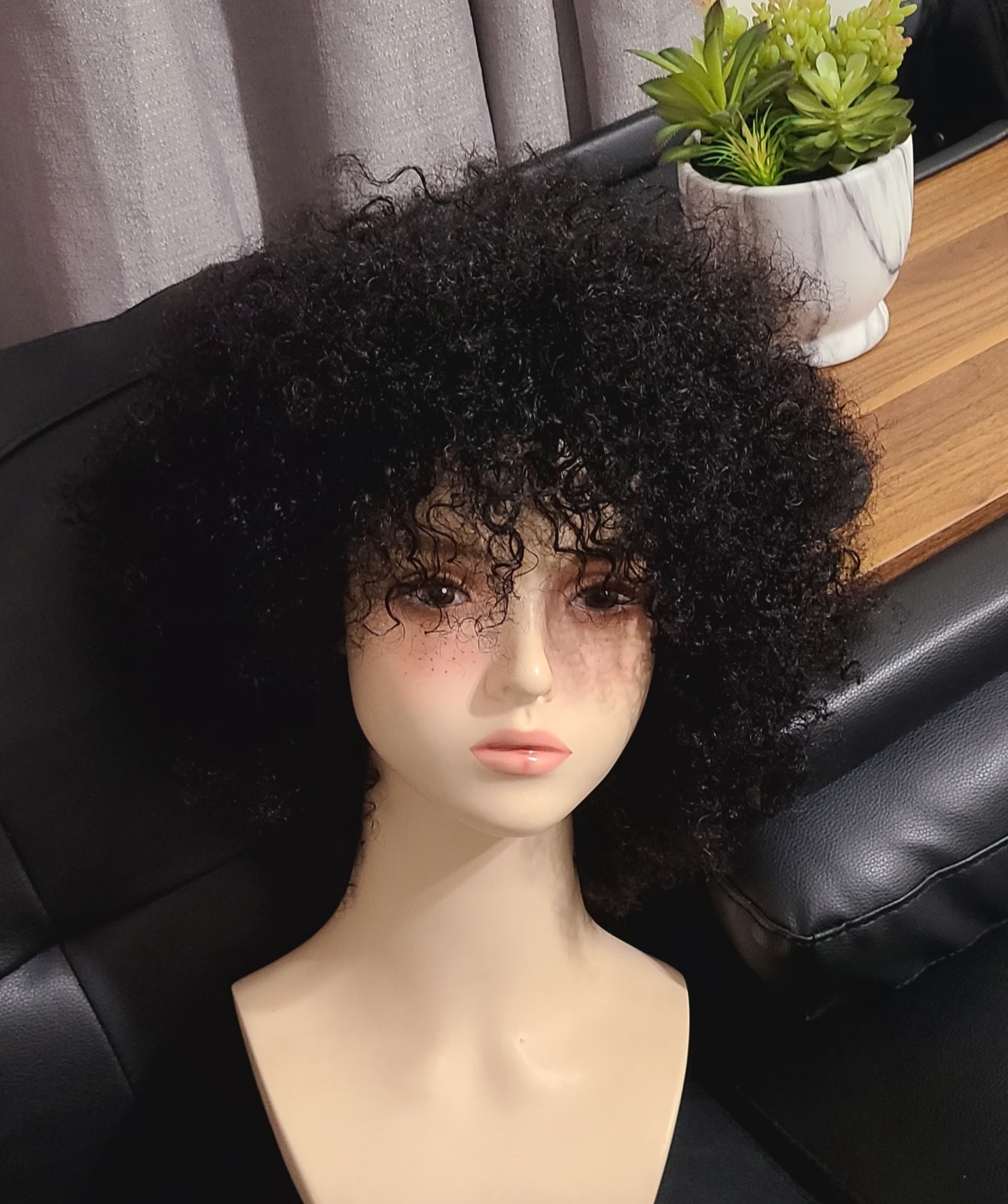 12″ Kinky Curly Afro Wig With Bangs, density 250% black color 100%human Hair Wig