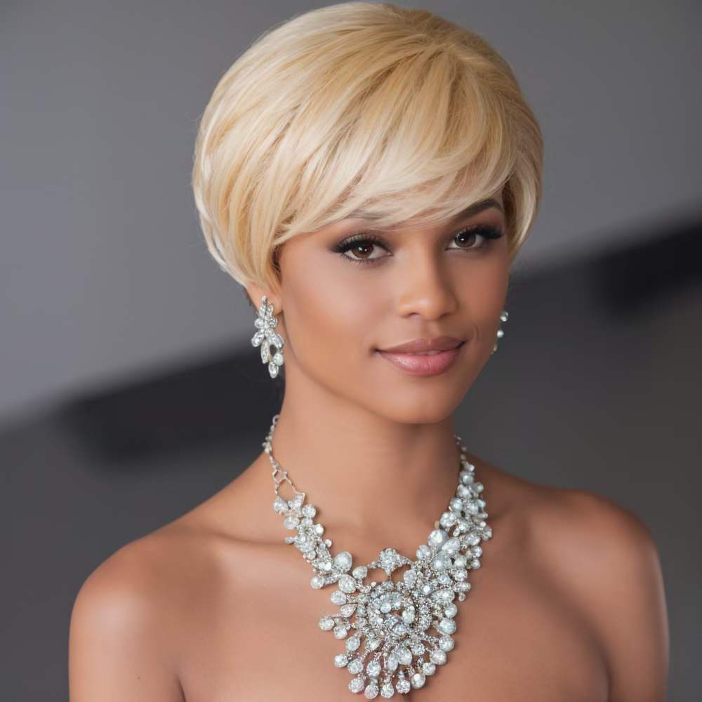 613 Blonde Real Human Hair Wigs Short Pixie Cut Wigs with Bangs None Lace Wig US