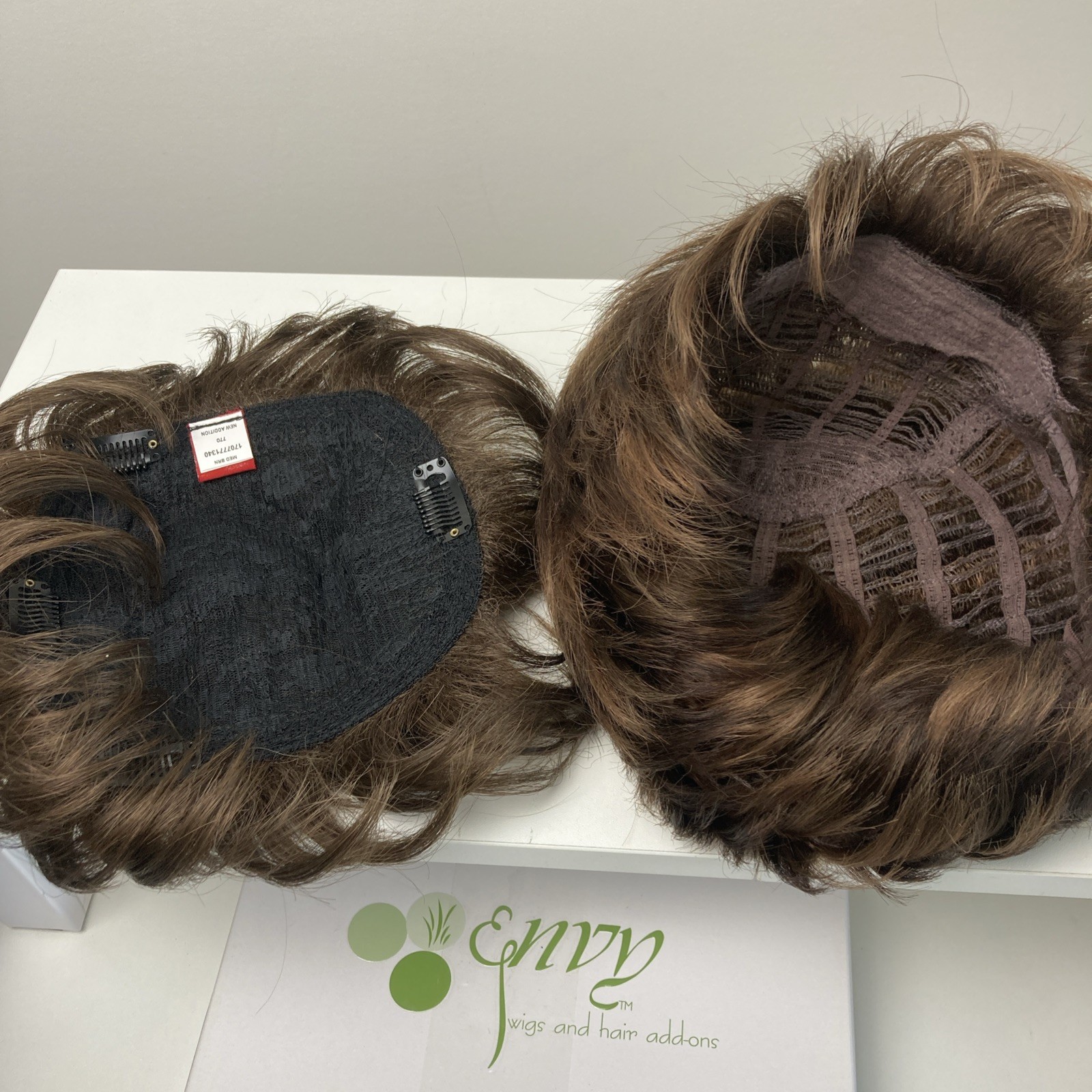 Envy Layered Wig Synthetic Short Classic Cap Womens Brown + Topper Lot 2 Pc
