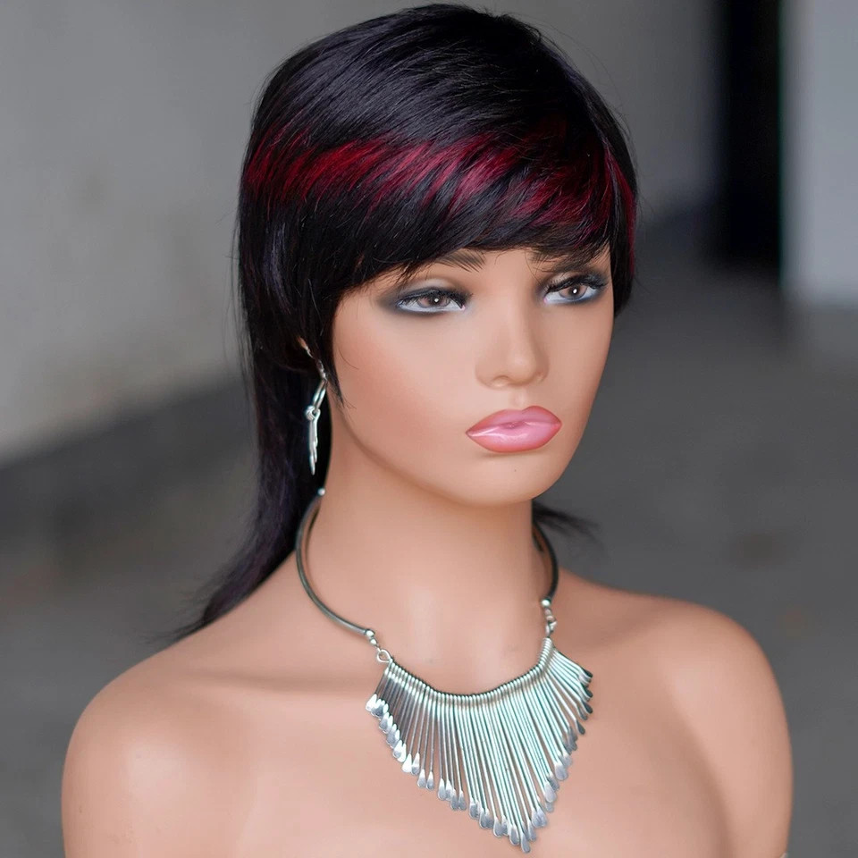 Black Pixie Cut With Bangs Human Hair Mullet Wigs for Women Fashion Straight Wig