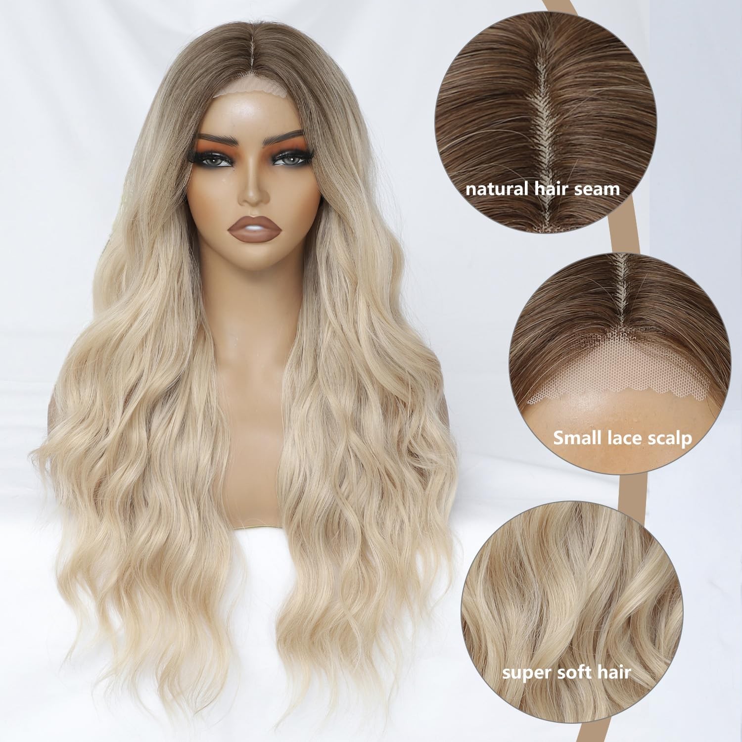 Blonde Wig for Women Long Wavy Blonde Wig Middle Part 26 Inch Wigs Heat Resis…
