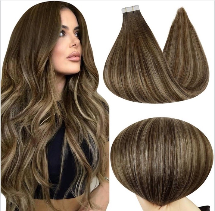 Full Shine Tape In Hair Extensions 12” 4-24-4 Brown Blonde Highlight 30g New