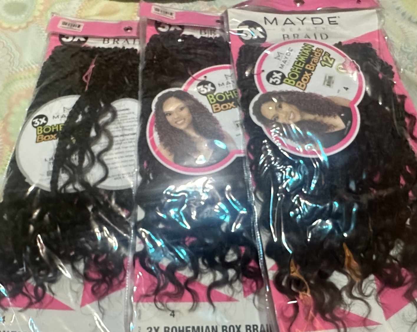 MAYDE 3X Bohemian Box Braids 12 in Synthetic Curly Black Hair Extension 3 pks