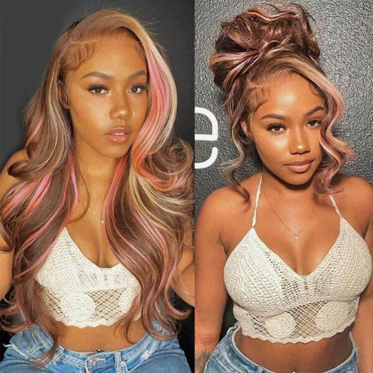 Pink Blonde Brown Stripe Wavy Wigs 3 Tones Lace Front 100% Human Hair Wigs
