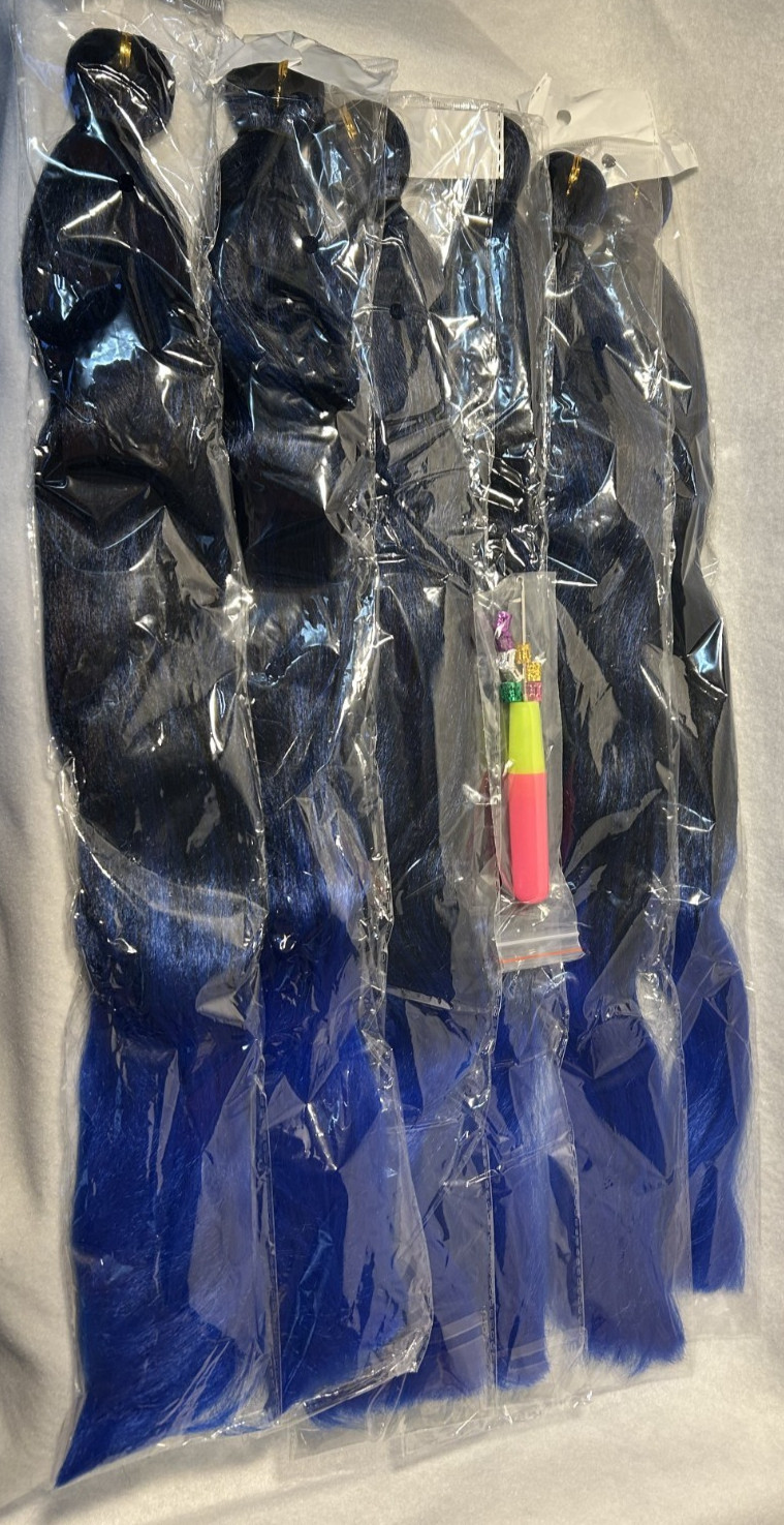 (6 Pack) Black & Blue OMBRE – Pre Stretched Synthetic BRAIDING HAIR 24″ Length