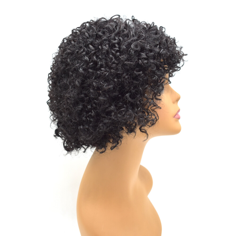 Afro Kinky Curly Short Soft Human Hair Women Wig with Bangs Natural Brazilian US