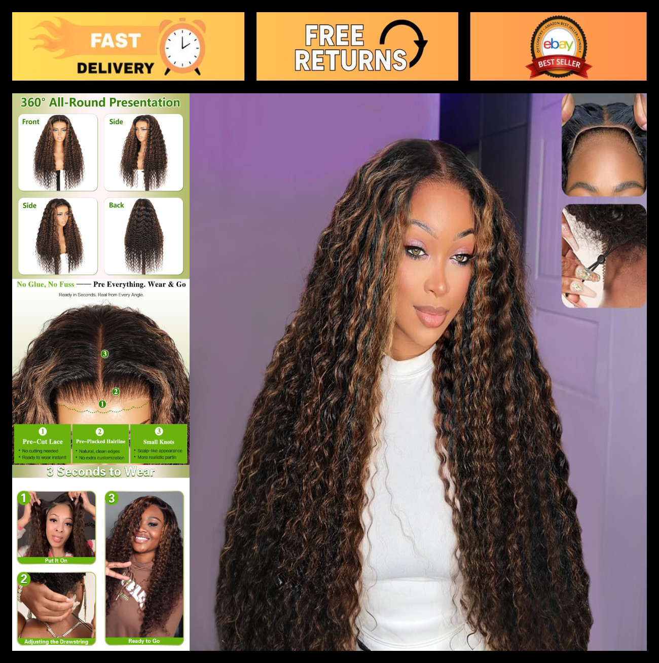 26 Inch Ombre Lace Front Wig – Glueless Human Hair, Pre-Plucked, Deep Wave, 210