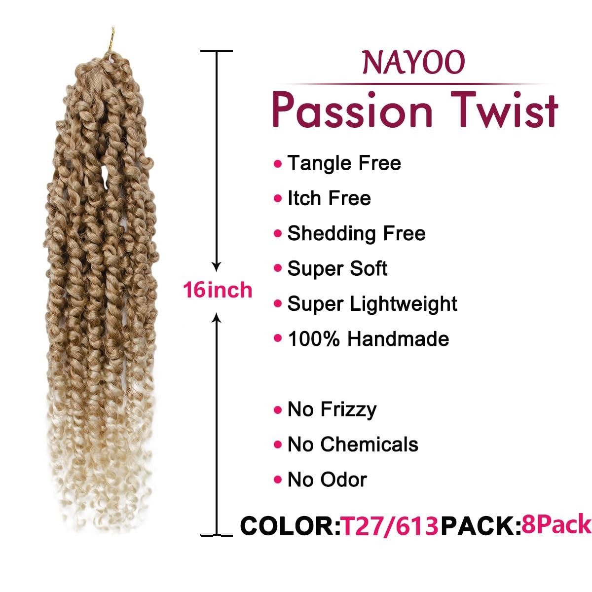 NAYOO Passion Twist Hair 16in Crochet Extensions 8 Packs T27/613