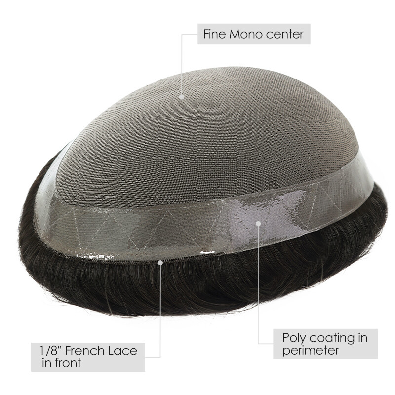 Mens Toupee Hair Replacement System Fine Mono Human Off Black Hair Pieces #1B