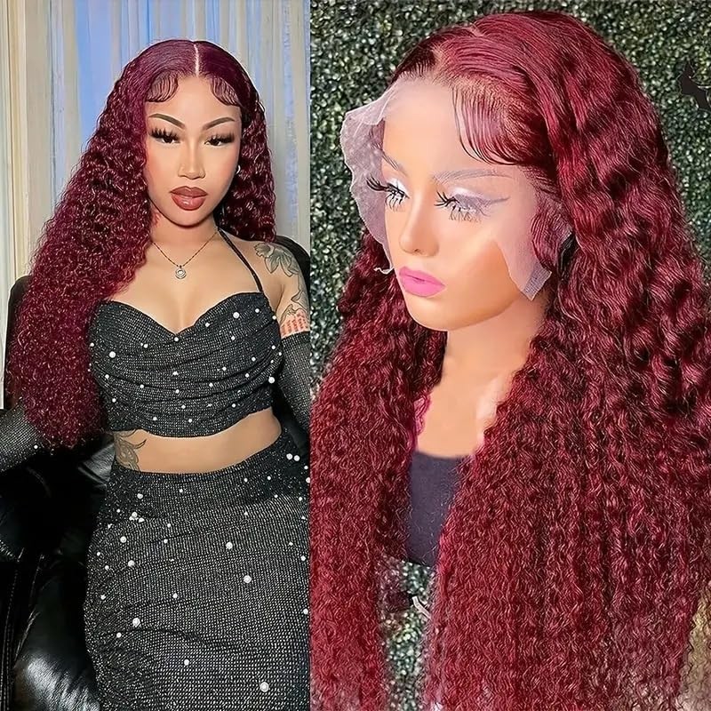 mdgfge 26 Inch Burgundy Deep Wave Lace Front Wigs Synthetic Human Hair Pre