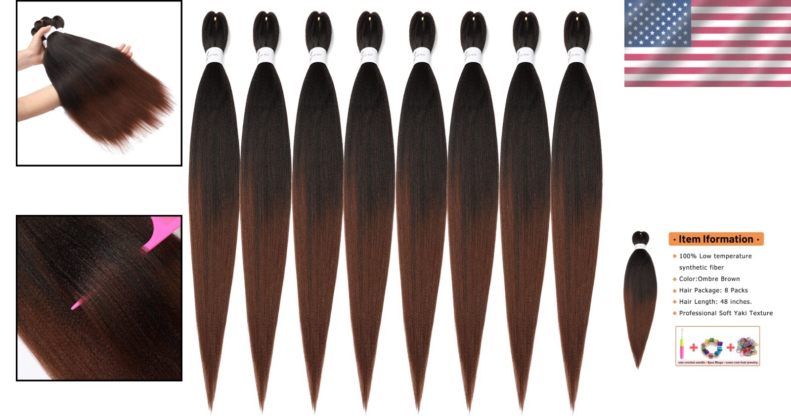 48 Inch Ombre Yaki Braiding Hair – 8 Packs Pre-Stretched, Durable & Lightweight