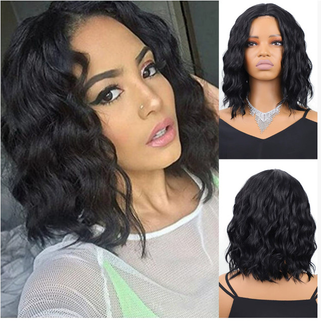 Medium Wavy Middle Part Black Synthetic Hair Capless Wigs Women Natural Daily
