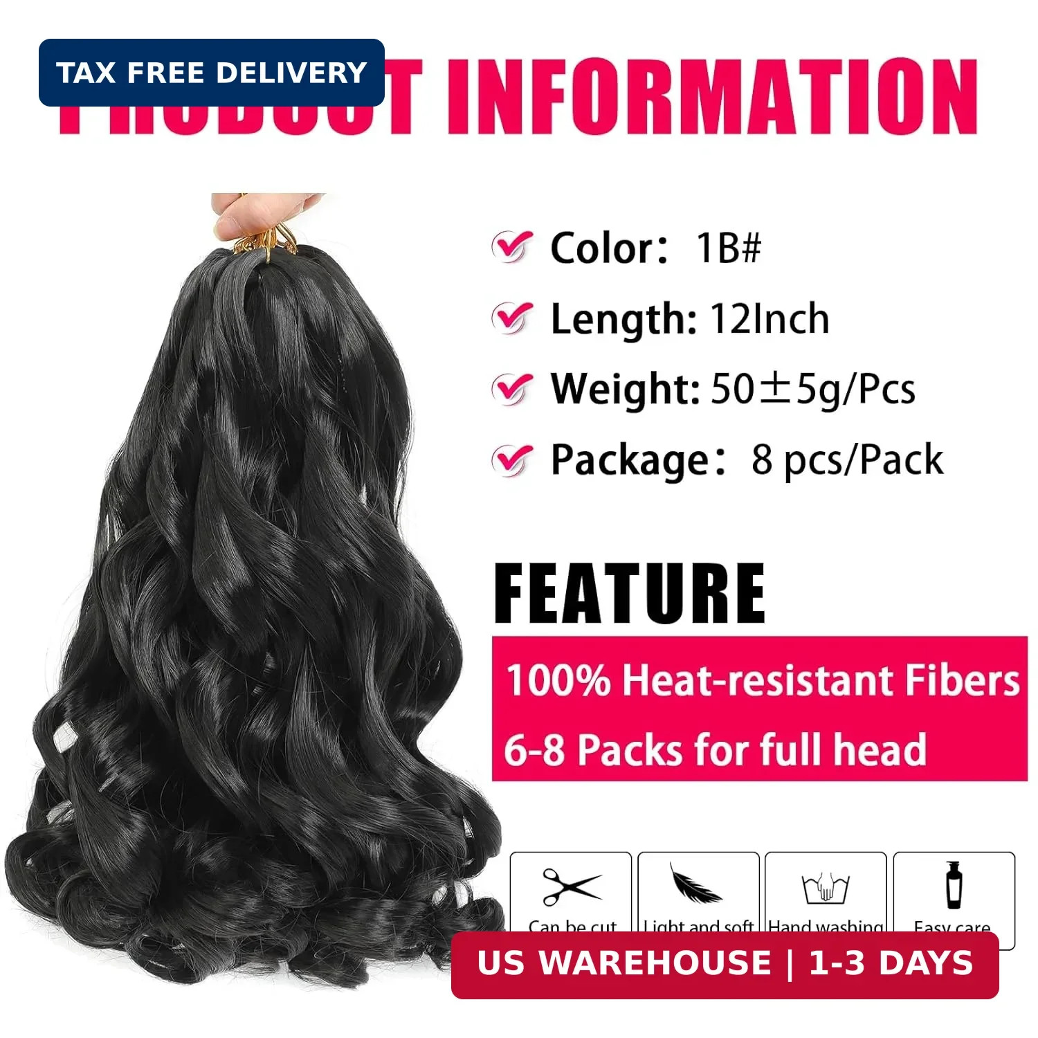 French Curl Braiding Hair 12 Inch Natural Black Curly Braiding Hair 8 Packs Pre