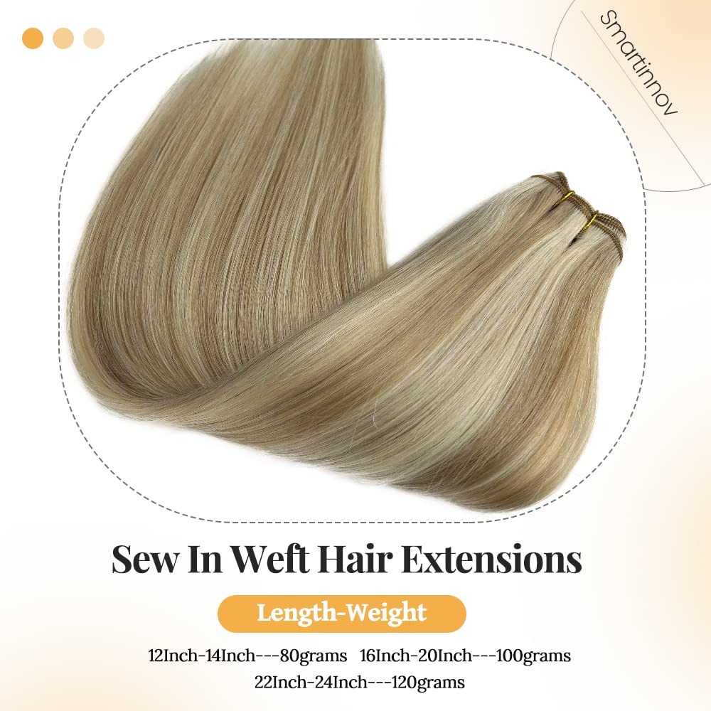 Ash Blonde Sew-in Hair Extensions Human Hair 14 inch Weft Bundles for Women Stra