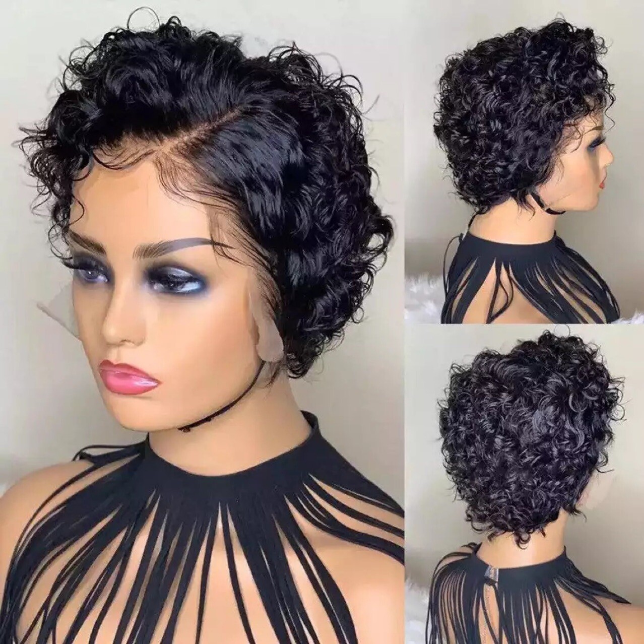 1 Set Short Deep Wave 13×4 Lace Front Wig Curly Human Hair Wigs Synthetic Hair