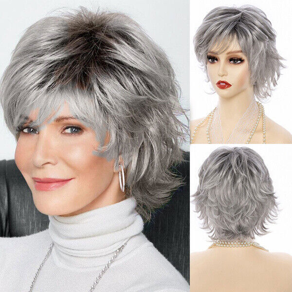 Women Short Ombre Grey Wigs Pixie Cut Wig Haircut Wave Layered Hair Dark Roots