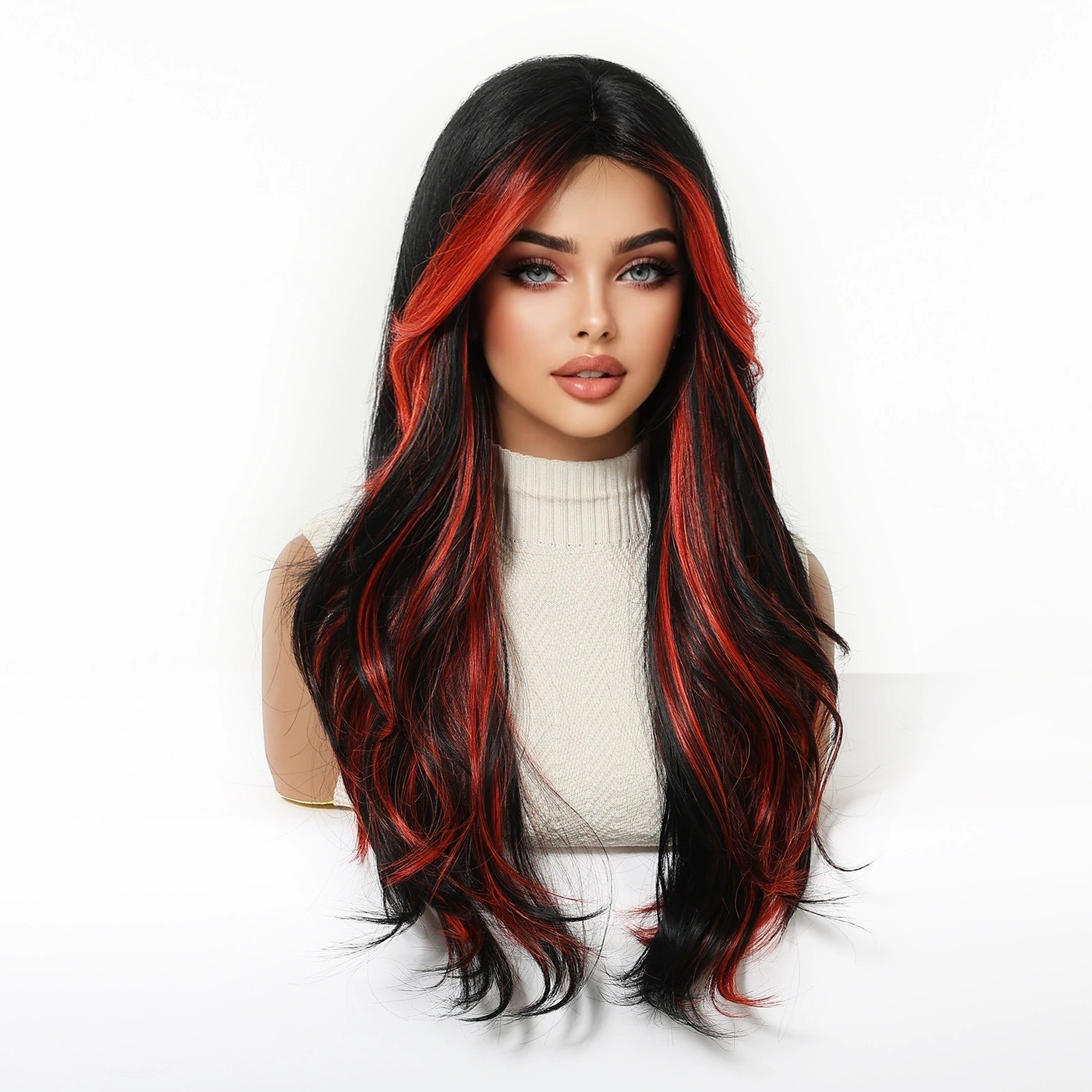 Natural Black Long Wavy Rose Pink Highlight Wigs with Curtain Bangs Natural Part