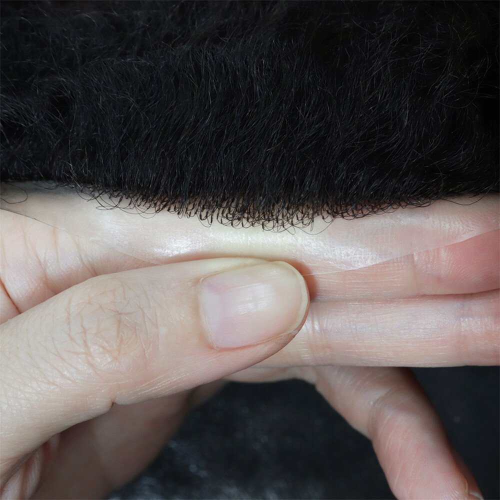 Mens Human Hair Replacement System Afro Curl Poly Skin Toupee Black Hair Pieces