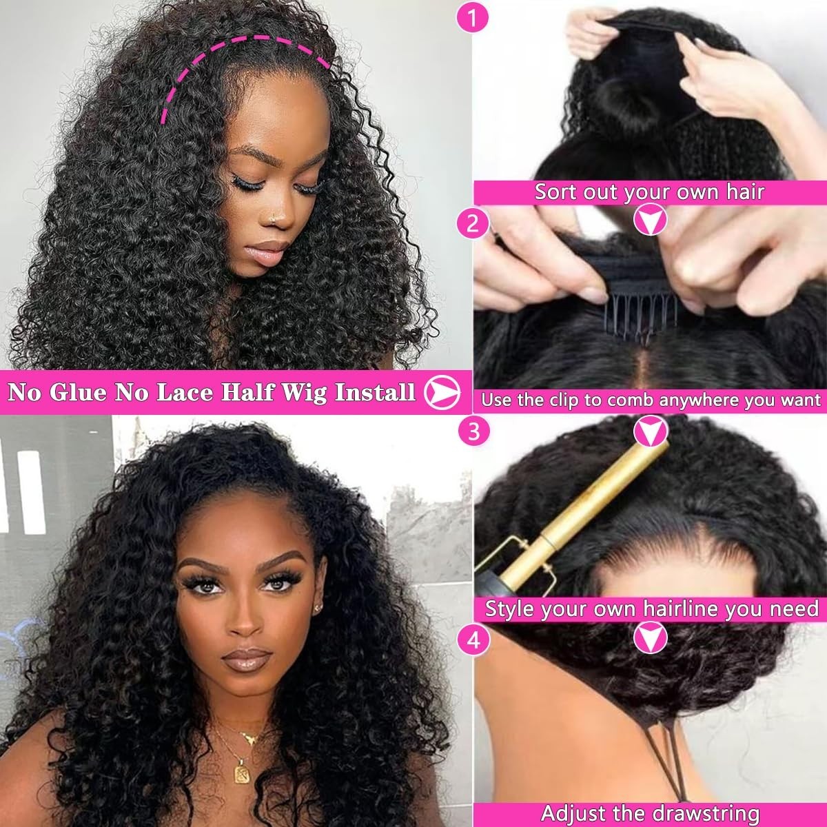 200% Density Water Wave Half Wig – 24″ Drawstring Flip Over, Adjustable, Beginne