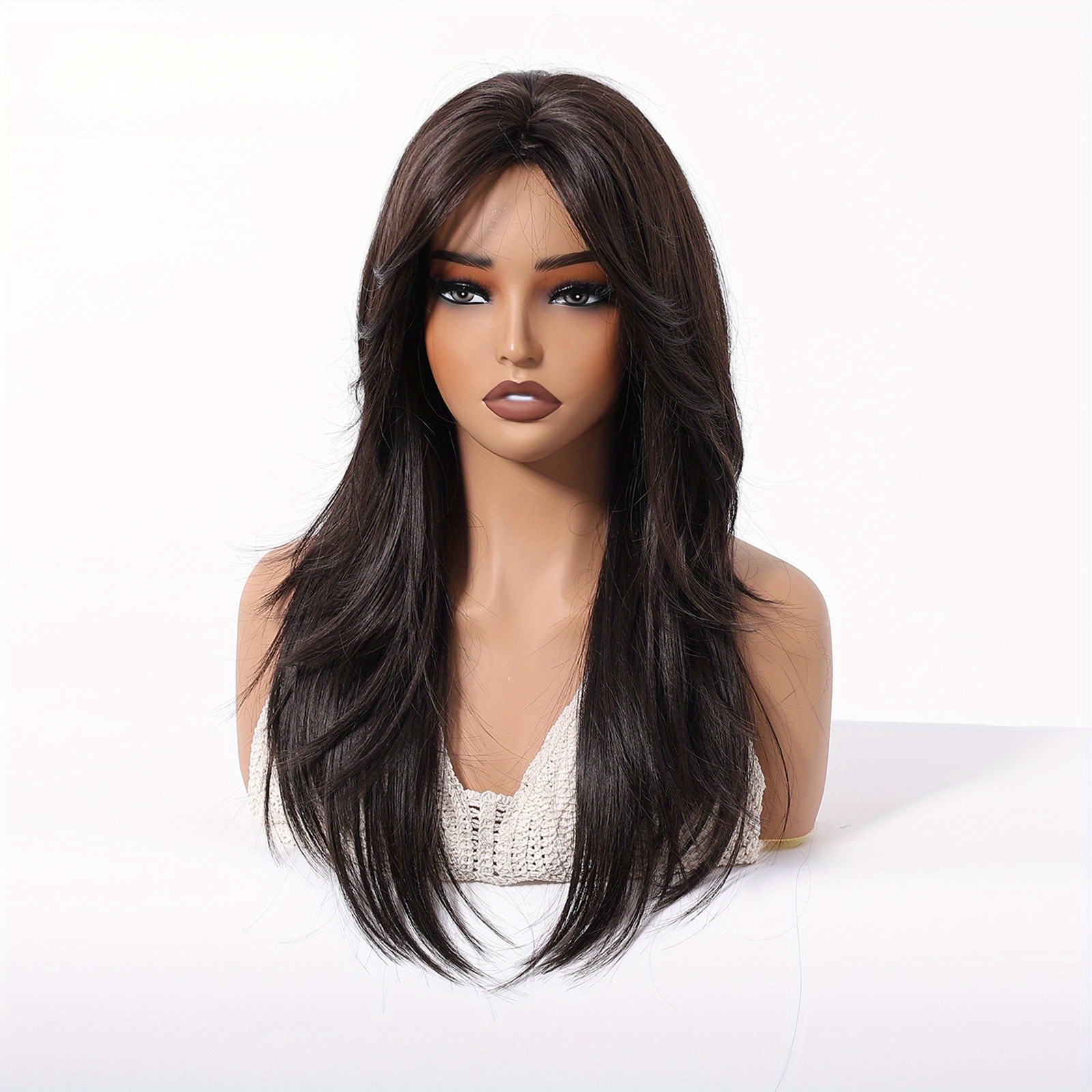 Black Brown Wigs for Women 20″Layered Wig with Bangs Synthetic Heat Resistant